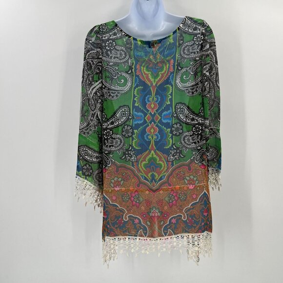 Mushka by Sienna Rose M Sheer Tunic Top Green Blue Paisley Bohemian Festival - Picture 2 of 9